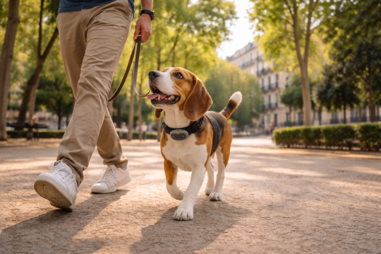 perro en ciudad tranquilo con collar GPS