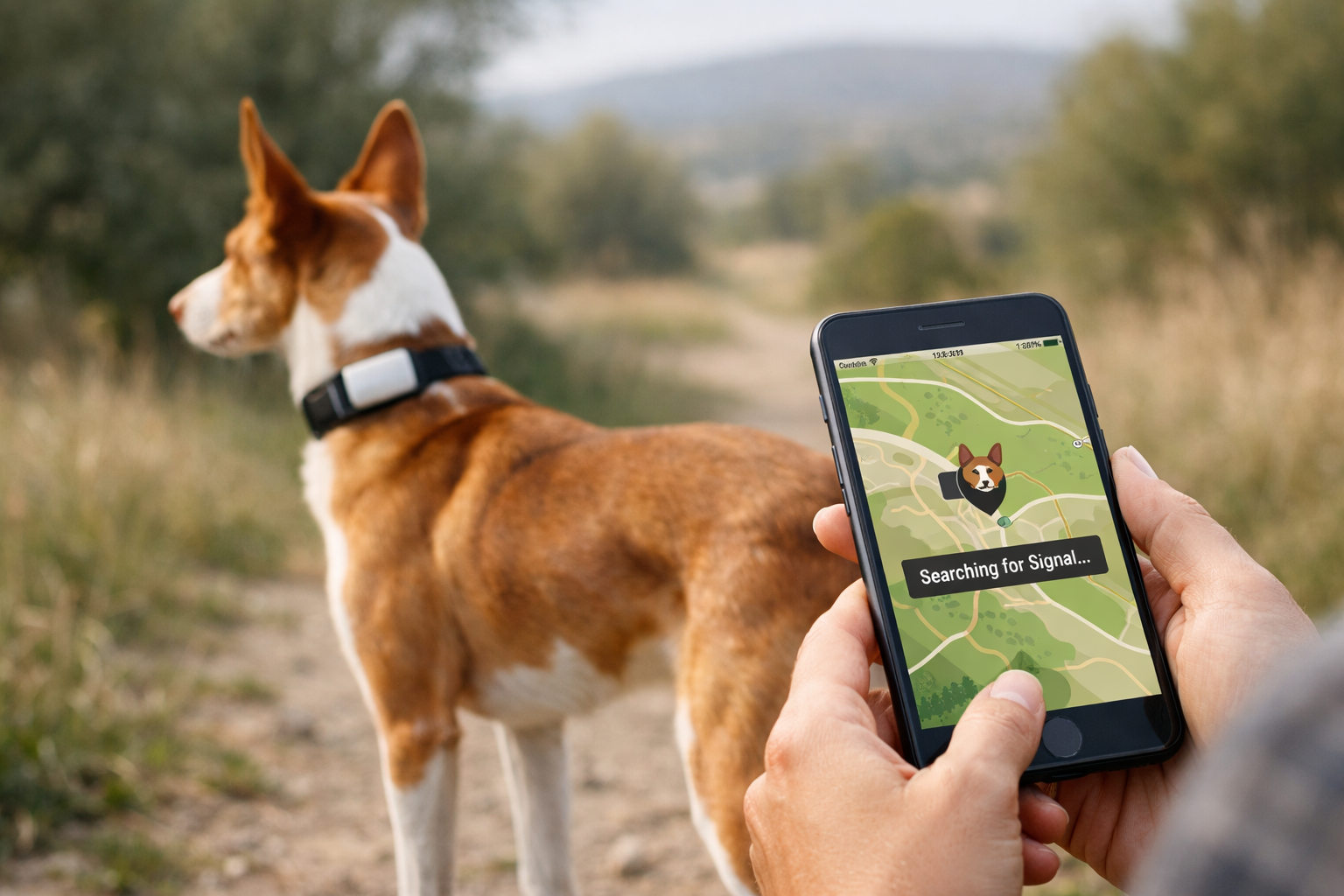 Podenco con localizador GPS en el collar mientras su dueño revisa la ubicación en el móvil