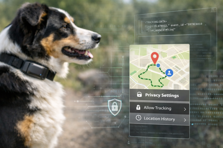 Perro con collar GPS junto a elementos visuales de datos y privacidad