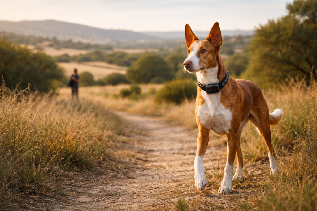 perro con collar GPS en el campo en España durante un paseo