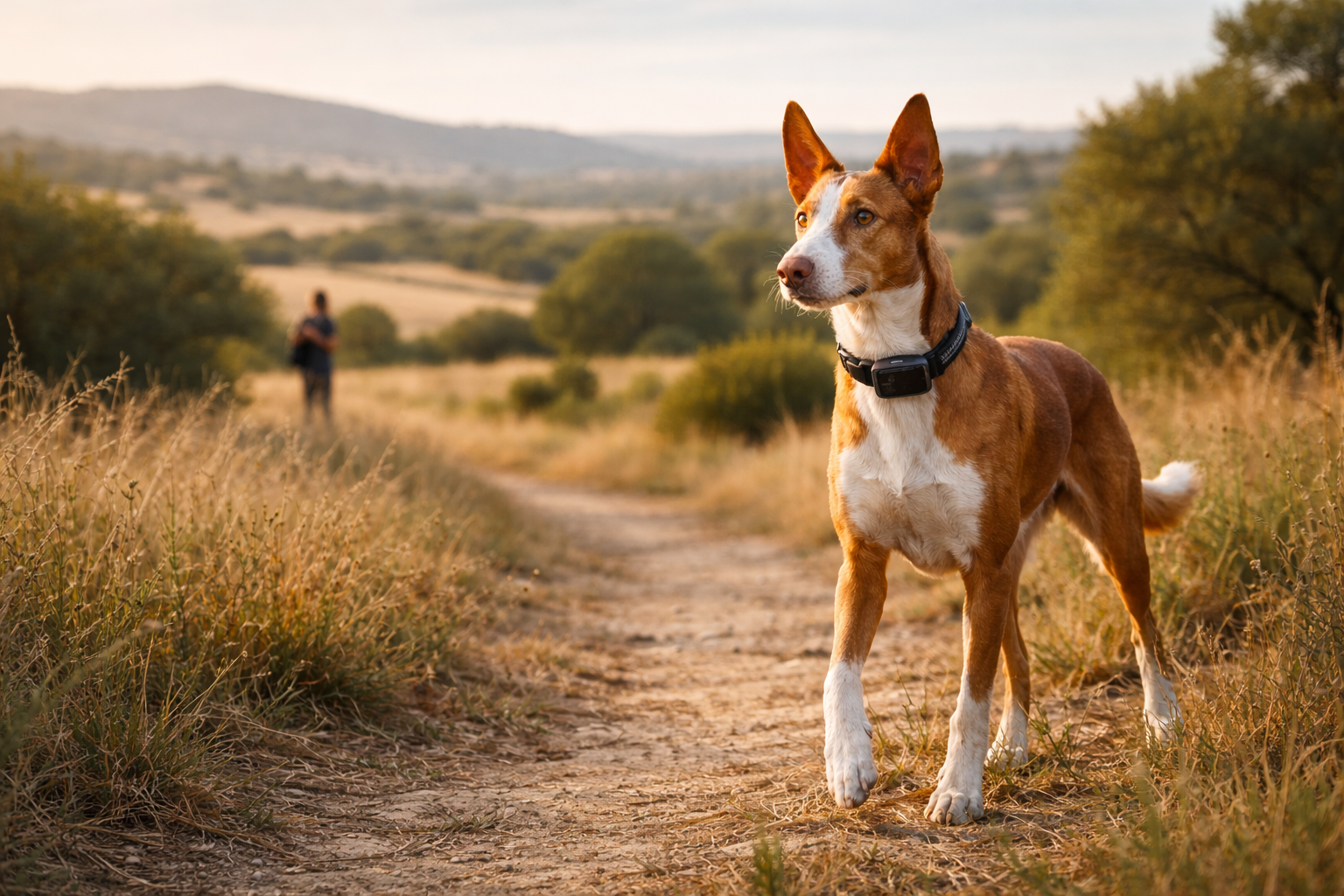 perro con collar GPS en el campo en España durante un paseo