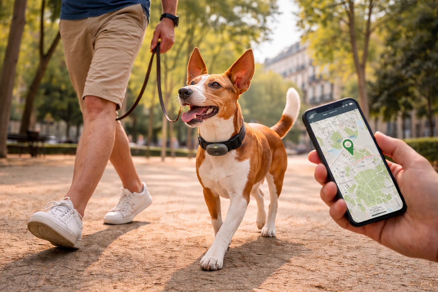 A realistic photo of a dog wearing a GPS tracker collar walking with its owner in a city park in Spain. The owner is checking the dog's location on a smartphone. Natural light, European environment, relaxed everyday scene, high detail, professional photography, landscape orientation, wide composition.