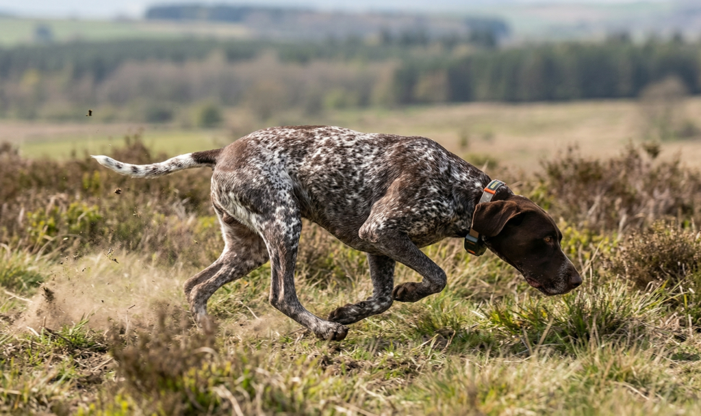 Braco corriendo en campo con GPS para perro escapista