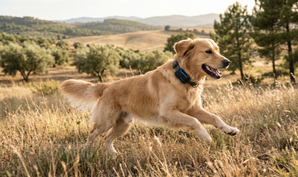 perro corriendo con collar GPS en un entorno abierto