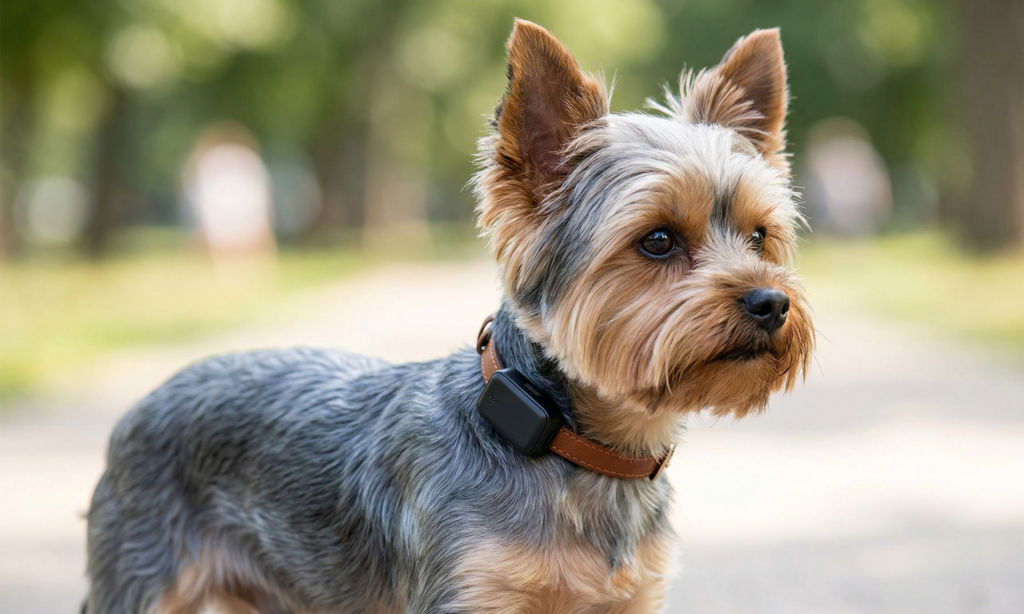Yorkshire terrier con GPS bien ajustado en el collar