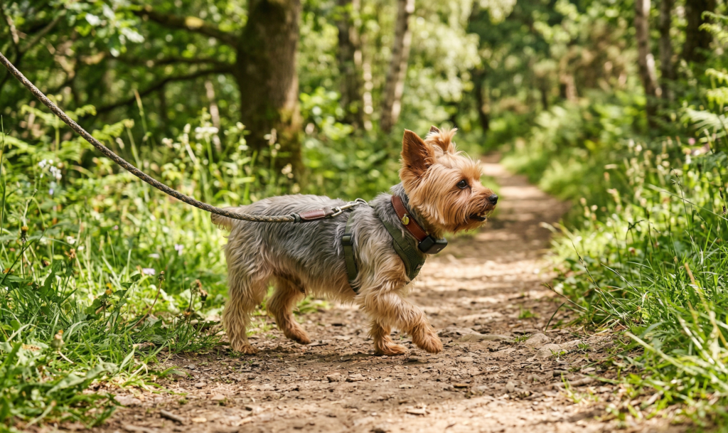 Yorkshire terrier pequeño con localizador GPS durante un paseo