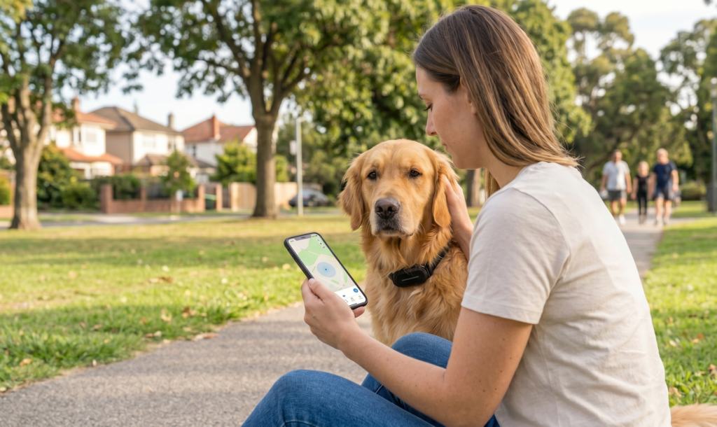 Perro con un GPS inspirado en Tractive DOG 6 durante un paseo