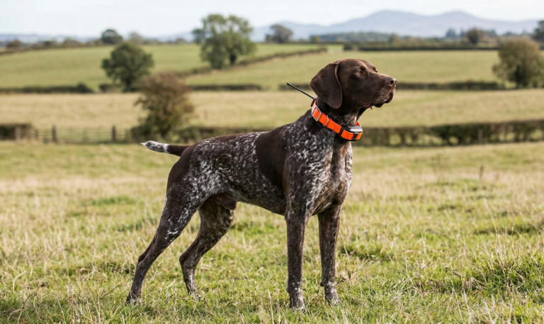 Braco alemán con collar GPS en el campo durante una jornada de caza