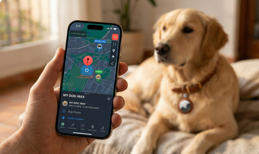 aplicacion de localizacion mostrando posicion de perro con AirTag