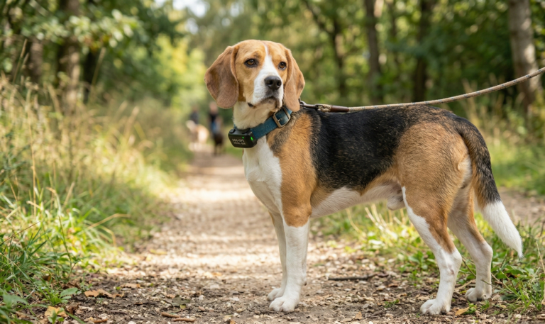 Perro con GPS en el collar en un espacio exterior