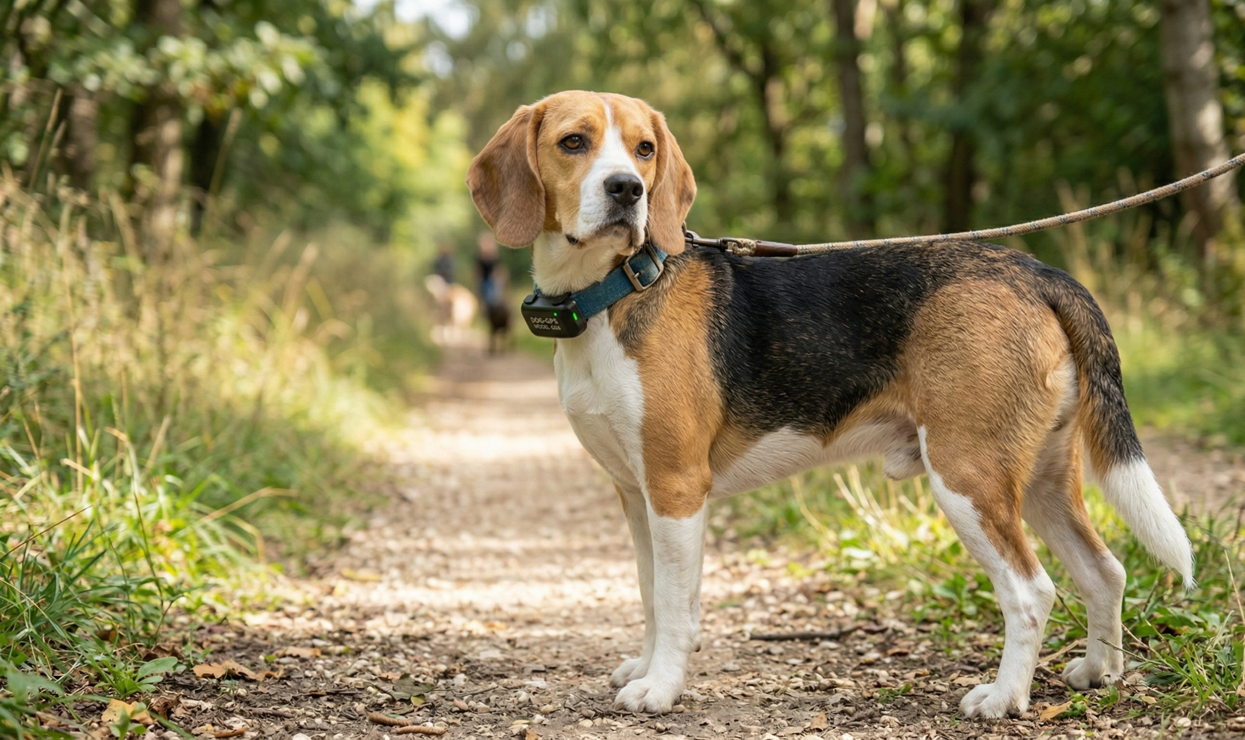 Perro con GPS en el collar en un espacio exterior