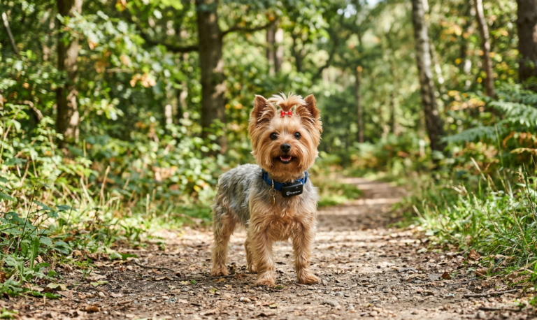 Yorkshire terrier con GPS en el collar en un paseo exterior