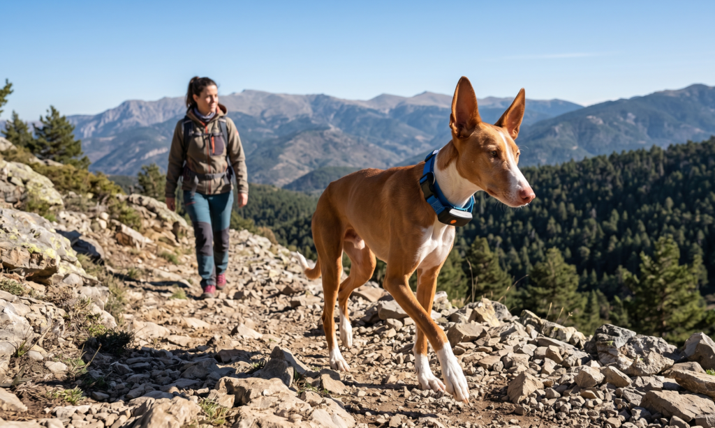 Perro con un GPS inspirado en Weenect XT en un entorno de montaña