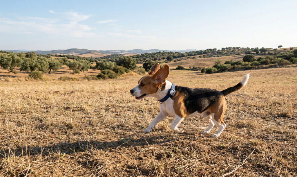 perro con AirTag en campo abierto donde pierde utilidad