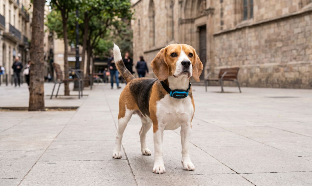 Perro con un GPS inspirado en Kolyy Series 2 en un entorno urbano