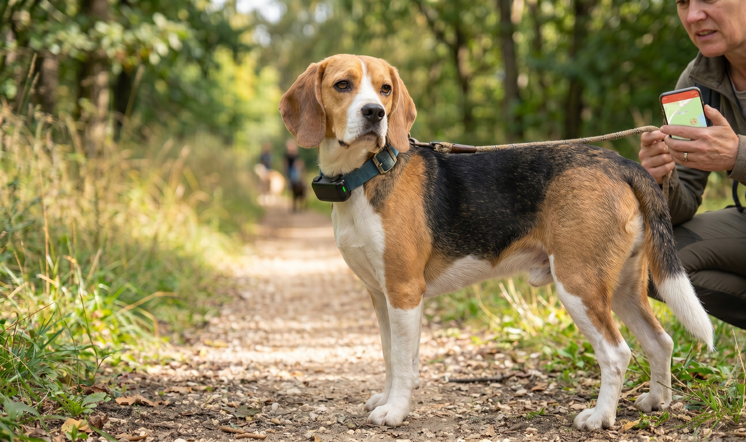 Perro con collar GPS mientras una persona revisa la ubicación en el móvil