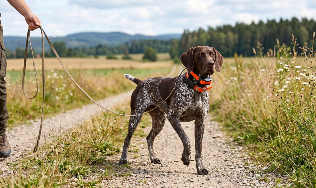 Braco con localizador GPS en el collar durante un paseo en campo