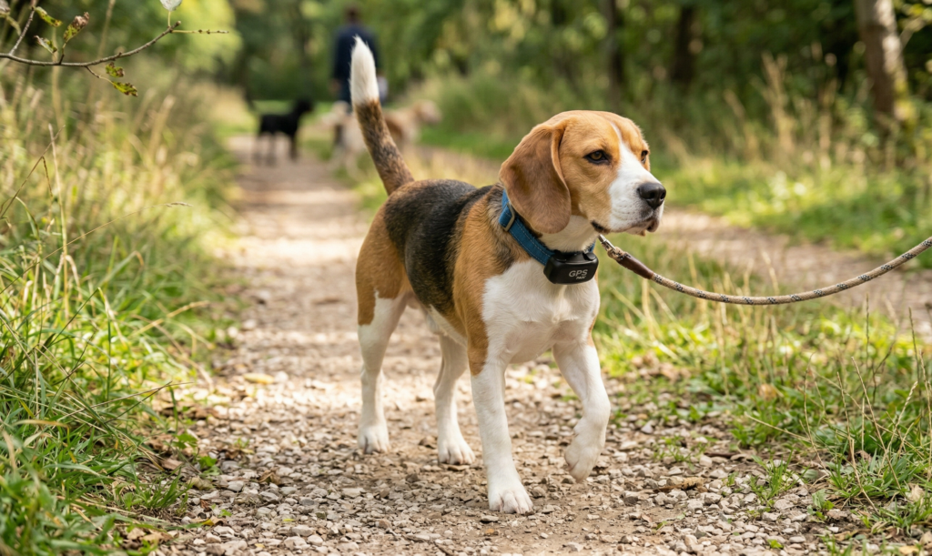 Beagle con localizador GPS durante un paseo