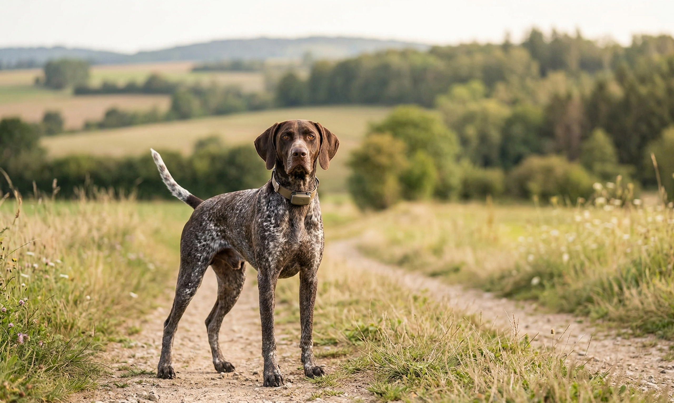 Braco con GPS en el collar en una zona de campo
