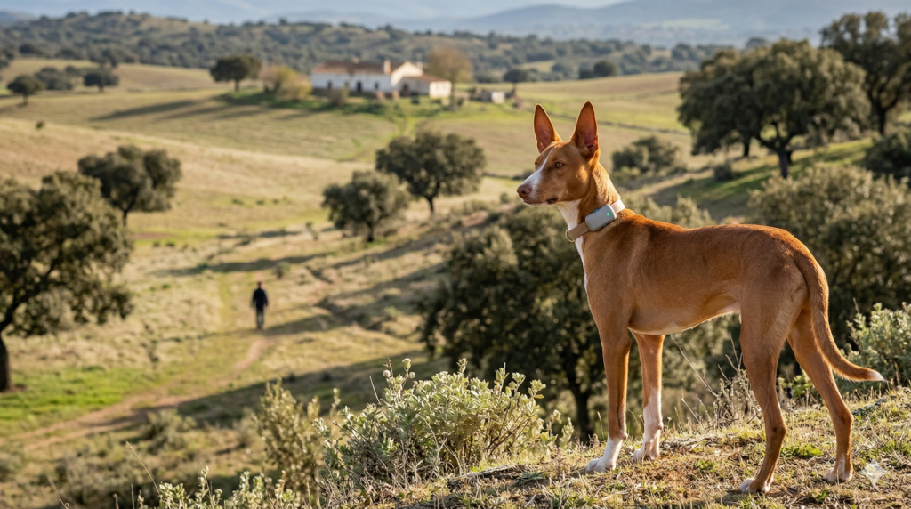 perro podenco con collar GPS en campo abierto en España