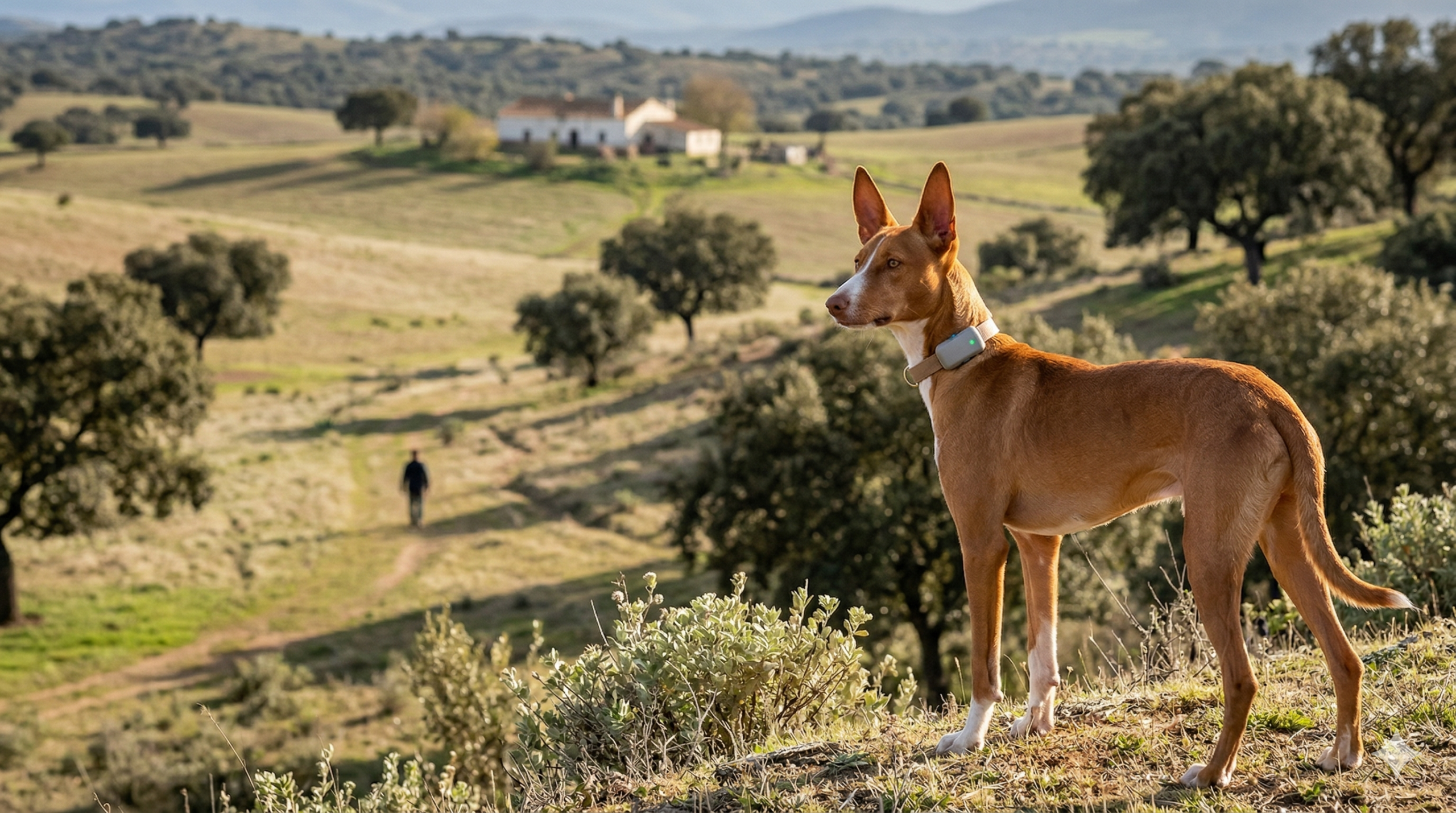 perro podenco con collar GPS en campo abierto en España
