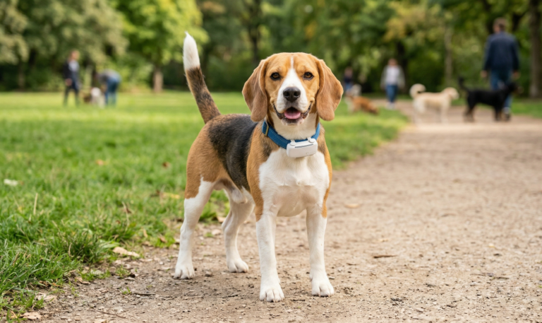 Beagle con GPS en el collar durante un paseo exterior