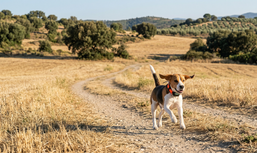 perro corriendo en el campo con collar GPS para seguimiento en tiempo real