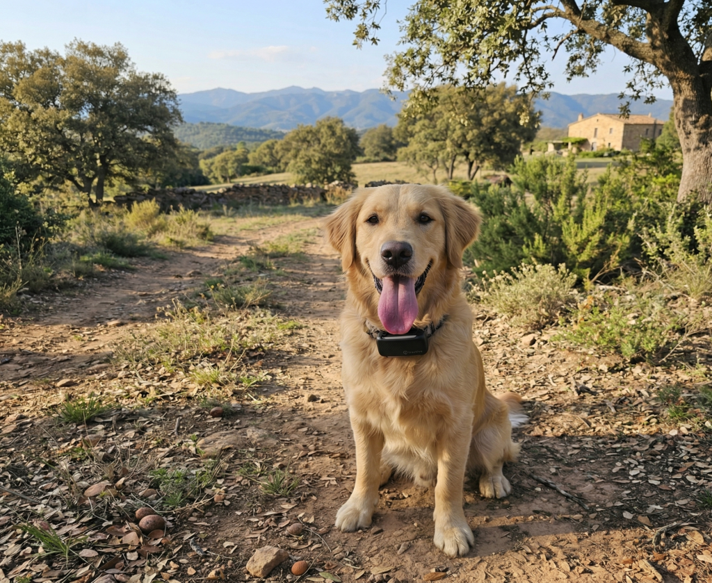 golden retriever con collar GPS en exterior