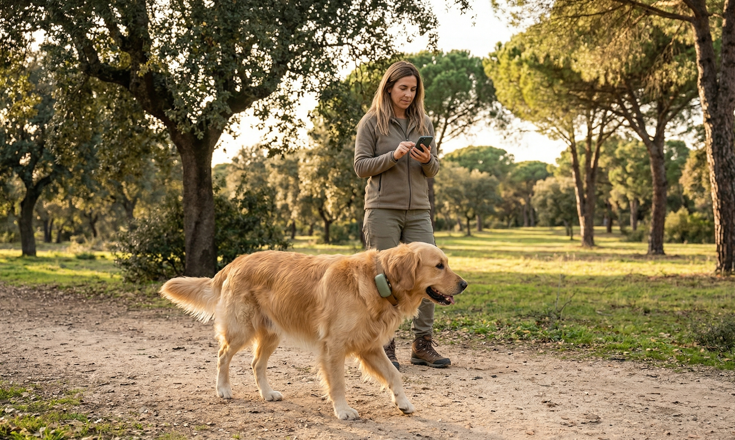dueño localizando a su perro con GPS desde el móvil en un parque
