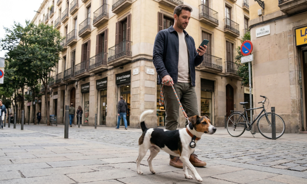 perro con AirTag paseando en ciudad con su dueño