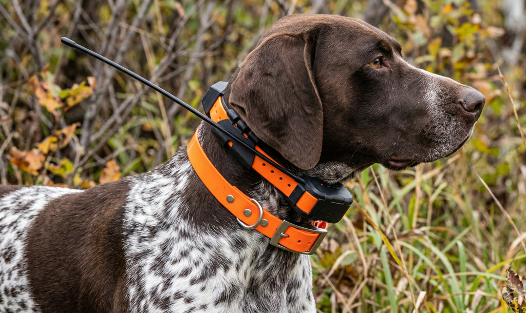 Detalle de collar GPS robusto en perro de caza