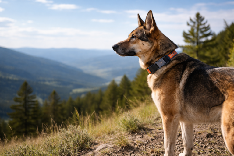 Perro en un entorno abierto con collar GPS en exterior