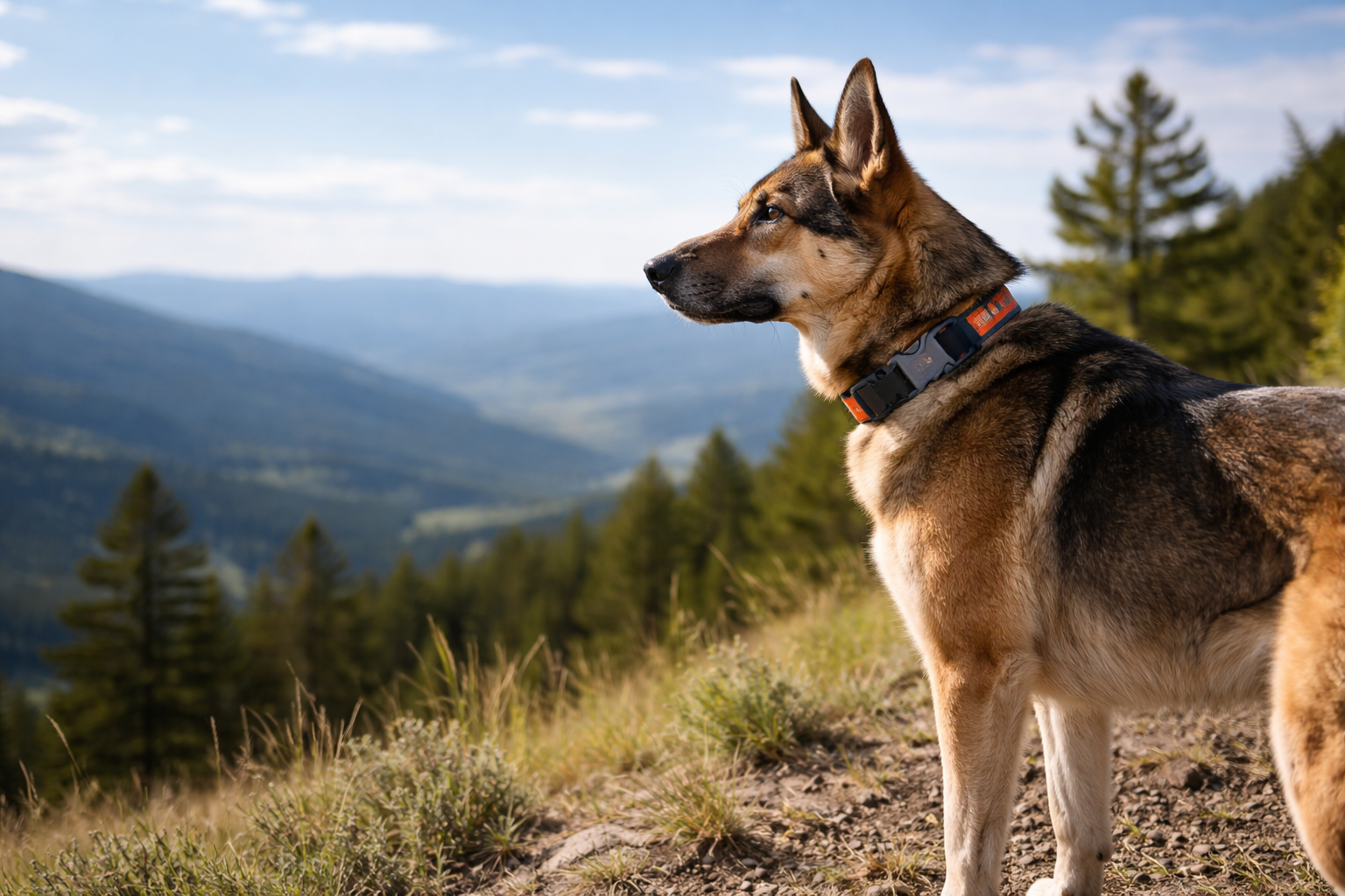Perro en un entorno abierto con collar GPS en exterior