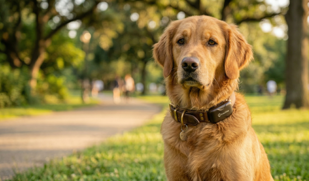 perro con collar GPS en un parque
