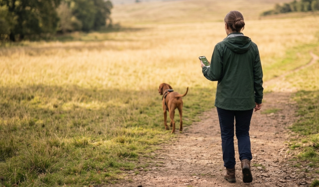 perro paseando con GPS en el campo
