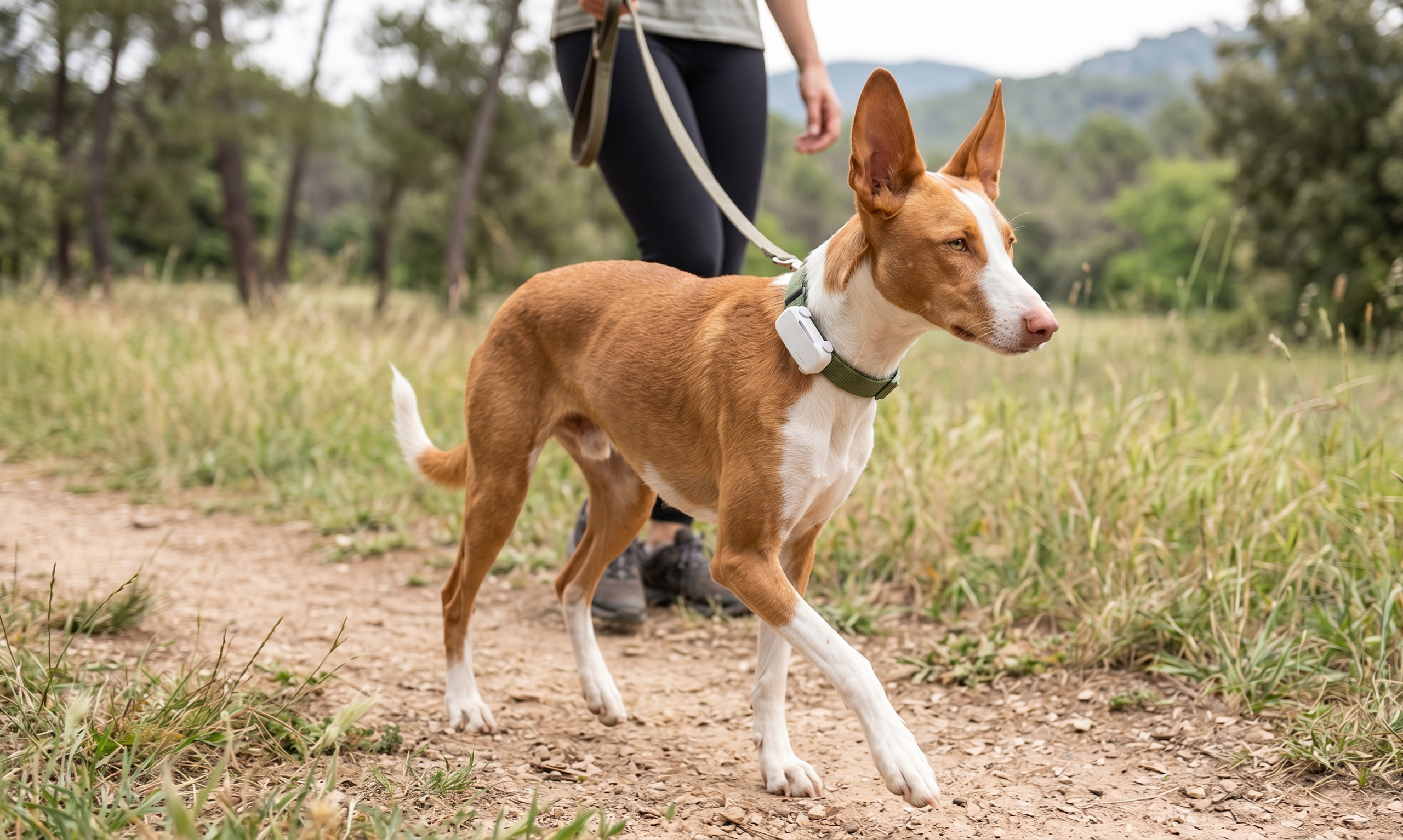 Perro con localizador GPS en el collar durante un paseo, imagen de contexto para opiniones del Tractive DOG 6