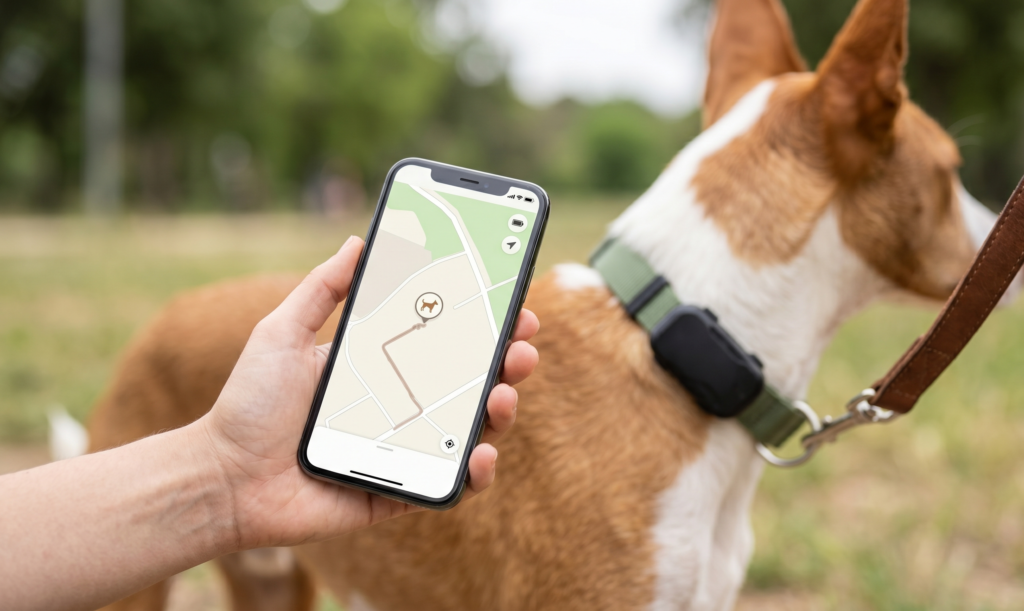 Localizador GPS para perros junto a un móvil con mapa de seguimiento en tiempo real