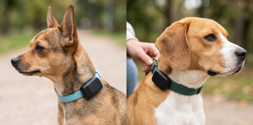 Comparación visual de un GPS en el collar de un perro pequeño y de un perro mediano