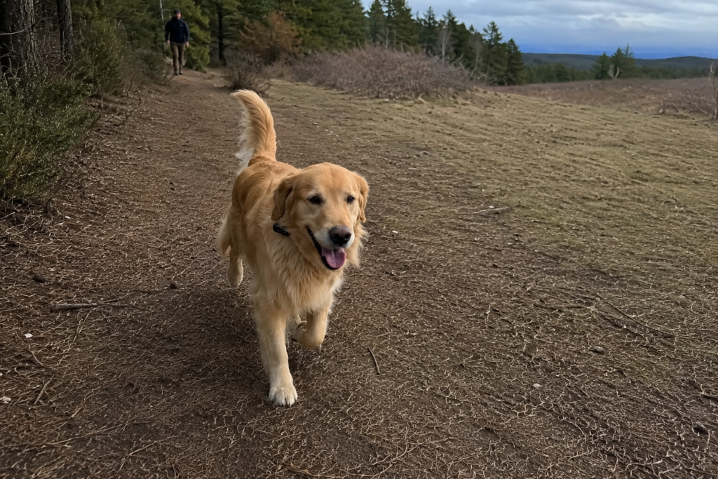 Golden retriever con Tractive DOG 6 durante una prueba de precisión en un sendero