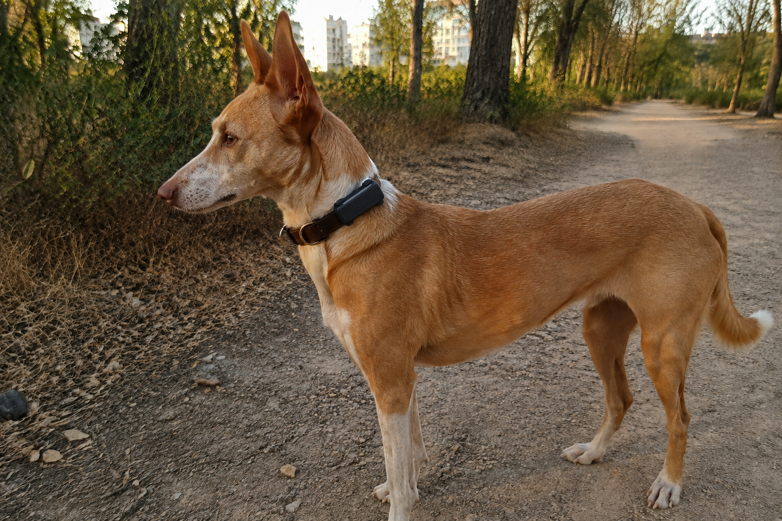Perro con localizador GPS Tractive en el collar durante un paseo
