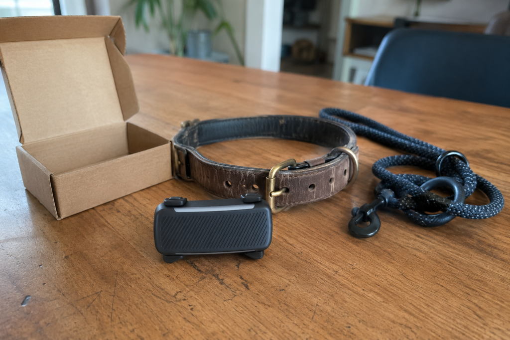 Localizador GPS para perros junto a collar y correa antes de usarlo