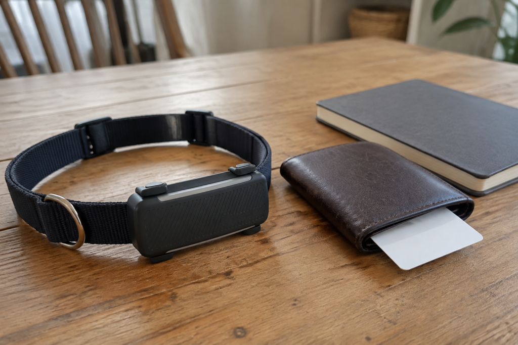 Collar GPS para perros junto a cartera como referencia al coste de suscripción